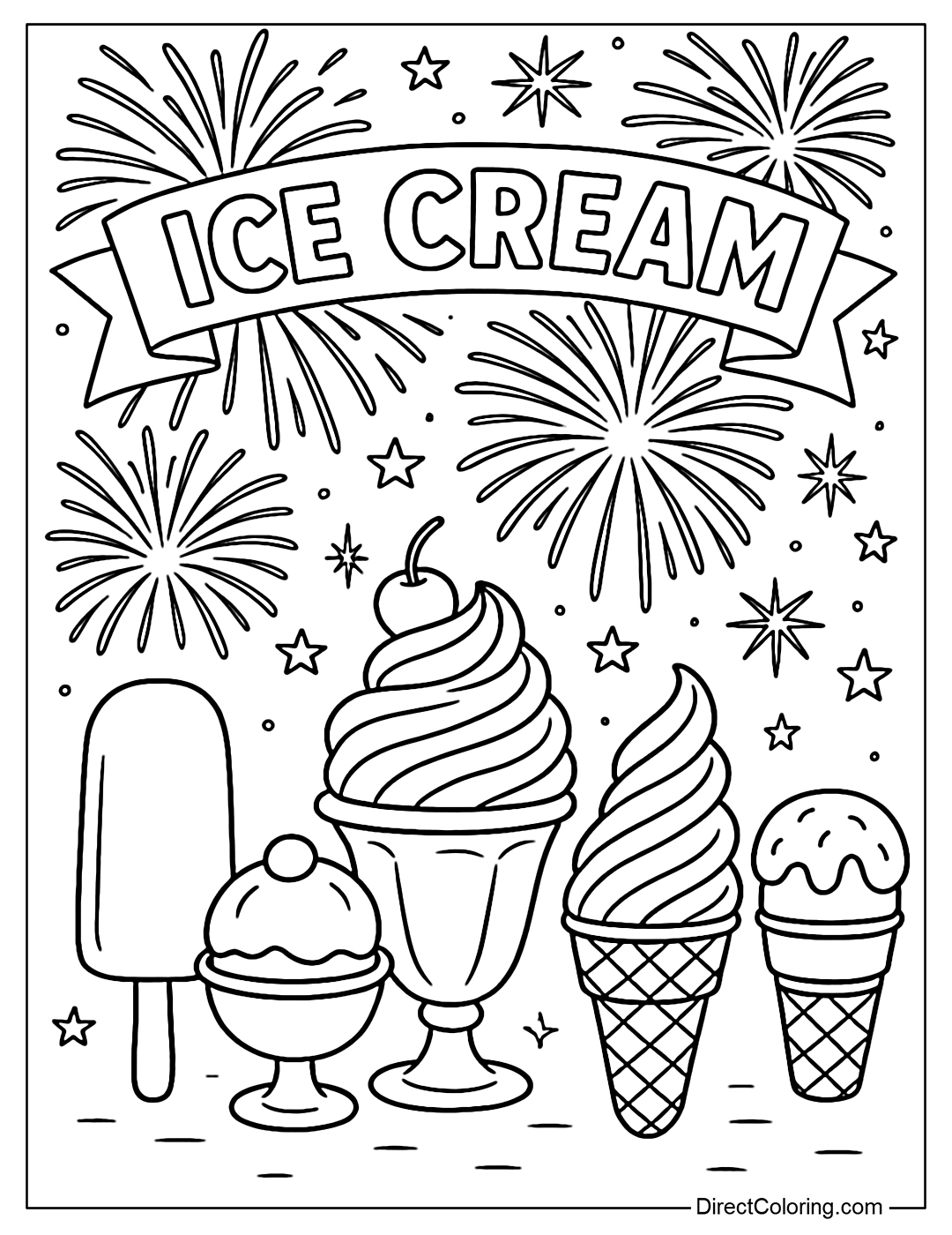 Coloring page of a summer ice cream festival poster with banners, fireworks, and ice cream on display.